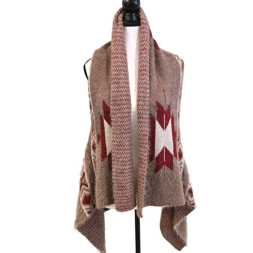 Southwestern Aztec Cardigan Vest Womens Large Brown Maroon Open Front Fuzzy Knit